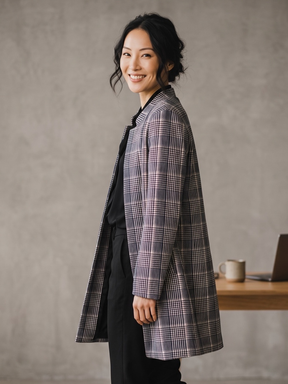 Carolina Belle open-front, longline blazer in glen plaid pattern. Size M GUC